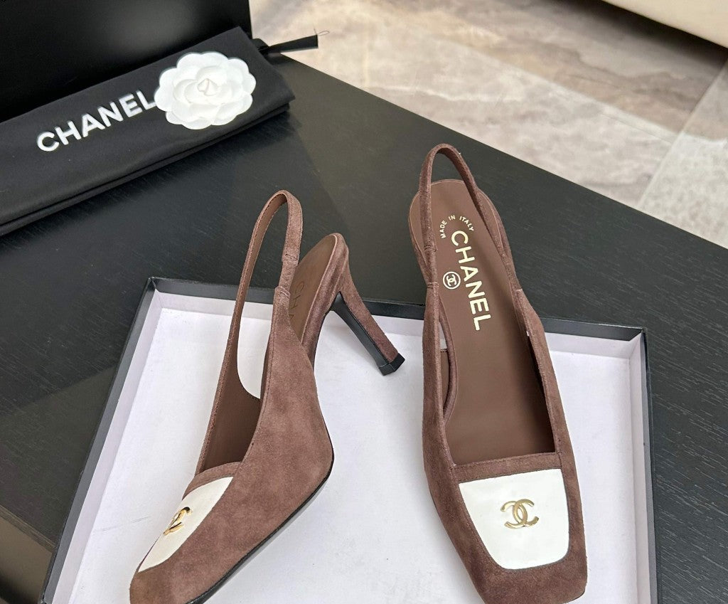 Chanel Slingback Heel Suede Dusty Pink White Gold