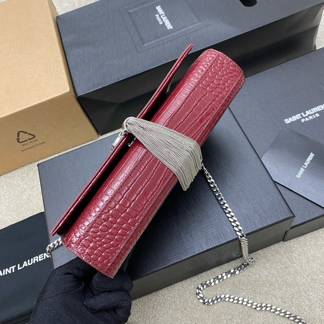 Saint Laurent Shoulder Bag Bordo Croc Ferragens Prata