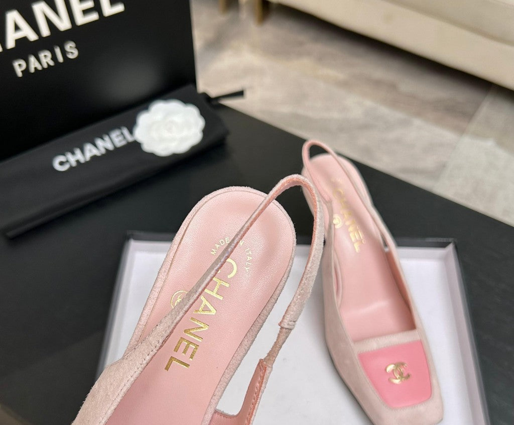 Chanel Slingback Heel Suede Light Pink Pink Gold
