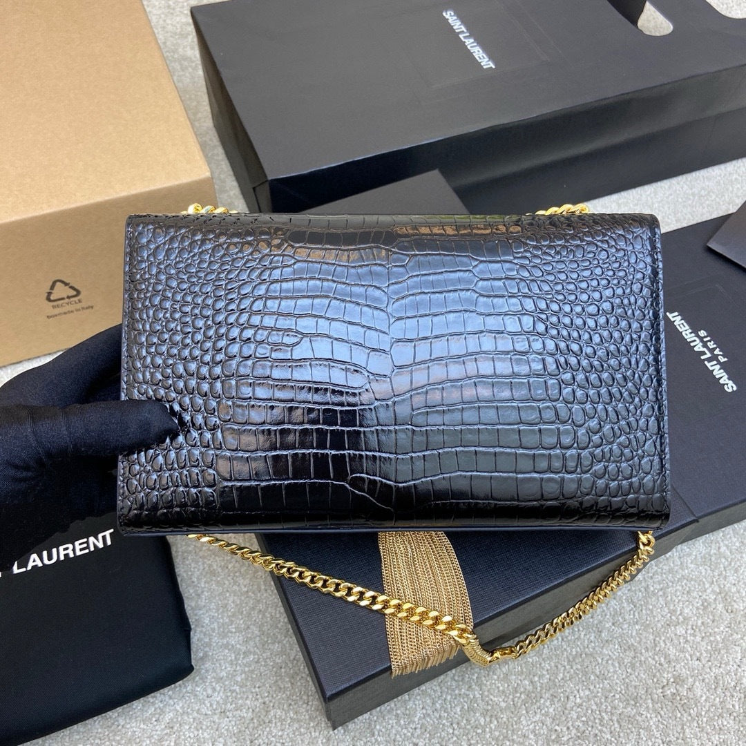 Saint Laurent Shoulder Bag Black Croc Ferragens Dourados