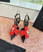 Saint Laurent Dove Sandals in Satin Crepe and Rhinestones Black / Red