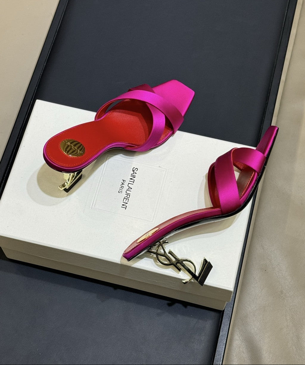 Saint Laurent  Mules Opyum Em Crepe De Cetim Rosa Choque
