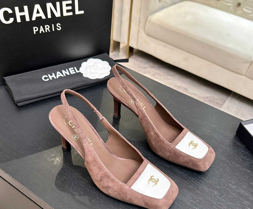 Chanel Slingback Heel Suede Dusty Pink White Gold