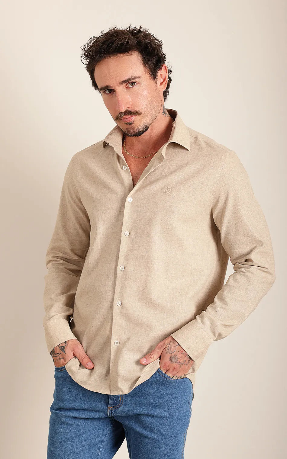 Camisa Ml Comfort Bege Cáqui (Pronta Entrega)