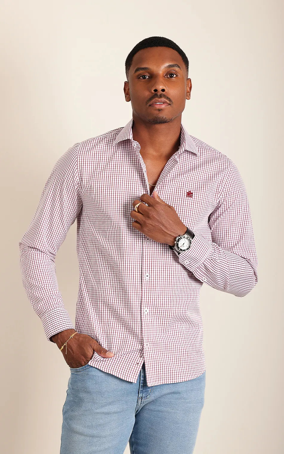 Camisa Ml Slim Branco Bordo (Pronta Entrega)