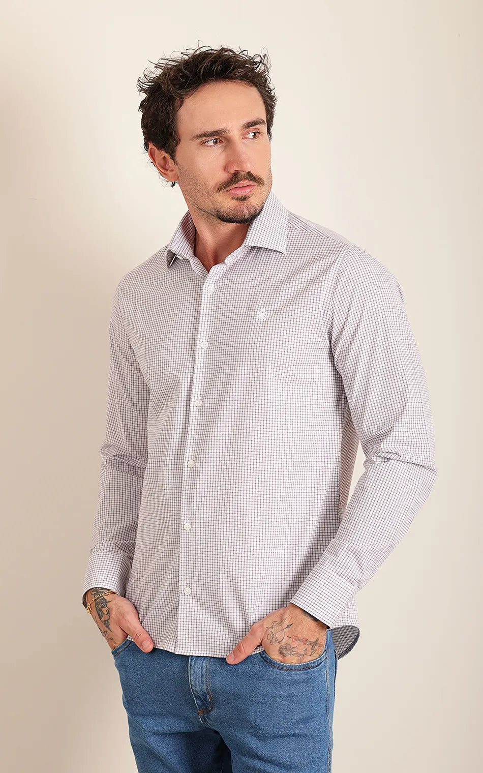 Camisa Ml Slim Branco Marrom (Pronta Entrega)