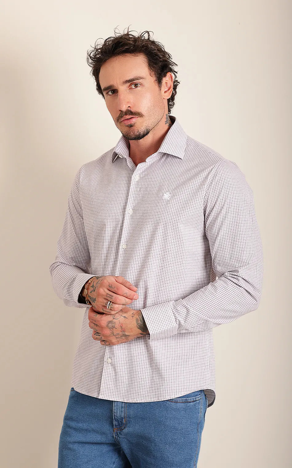 Camisa Ml Slim Branco Marrom (Pronta Entrega)