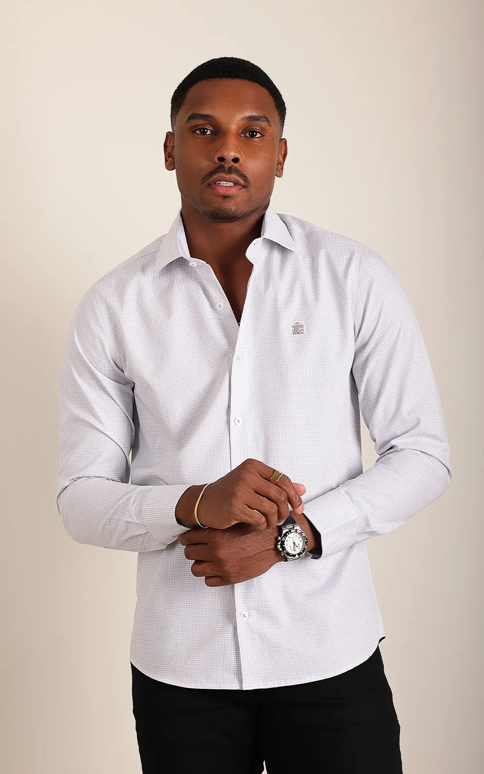 Camisa Ml Slim Branco Xadrez (Pronta Entrega)