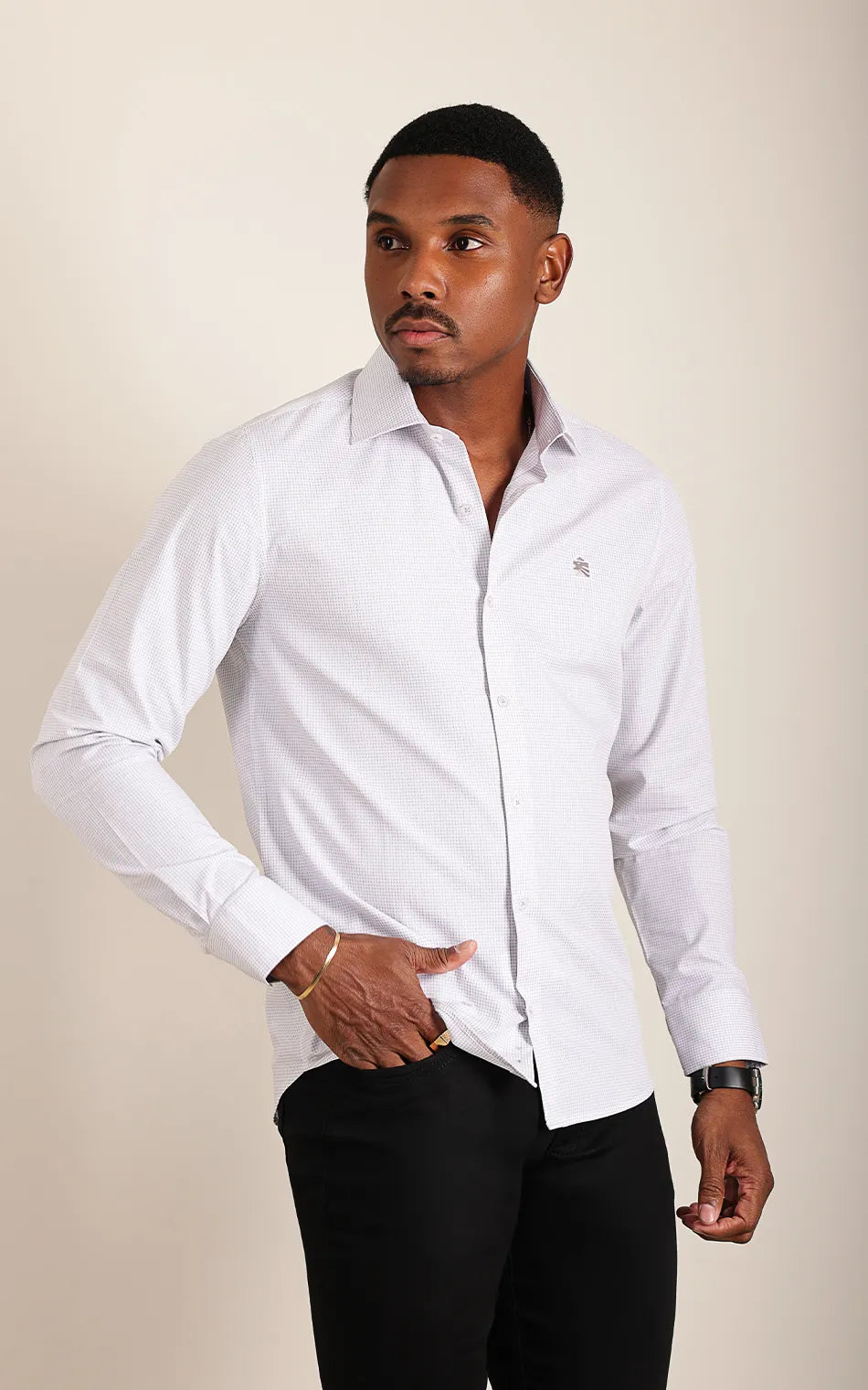 Camisa Ml Slim Branco Xadrez (Pronta Entrega)