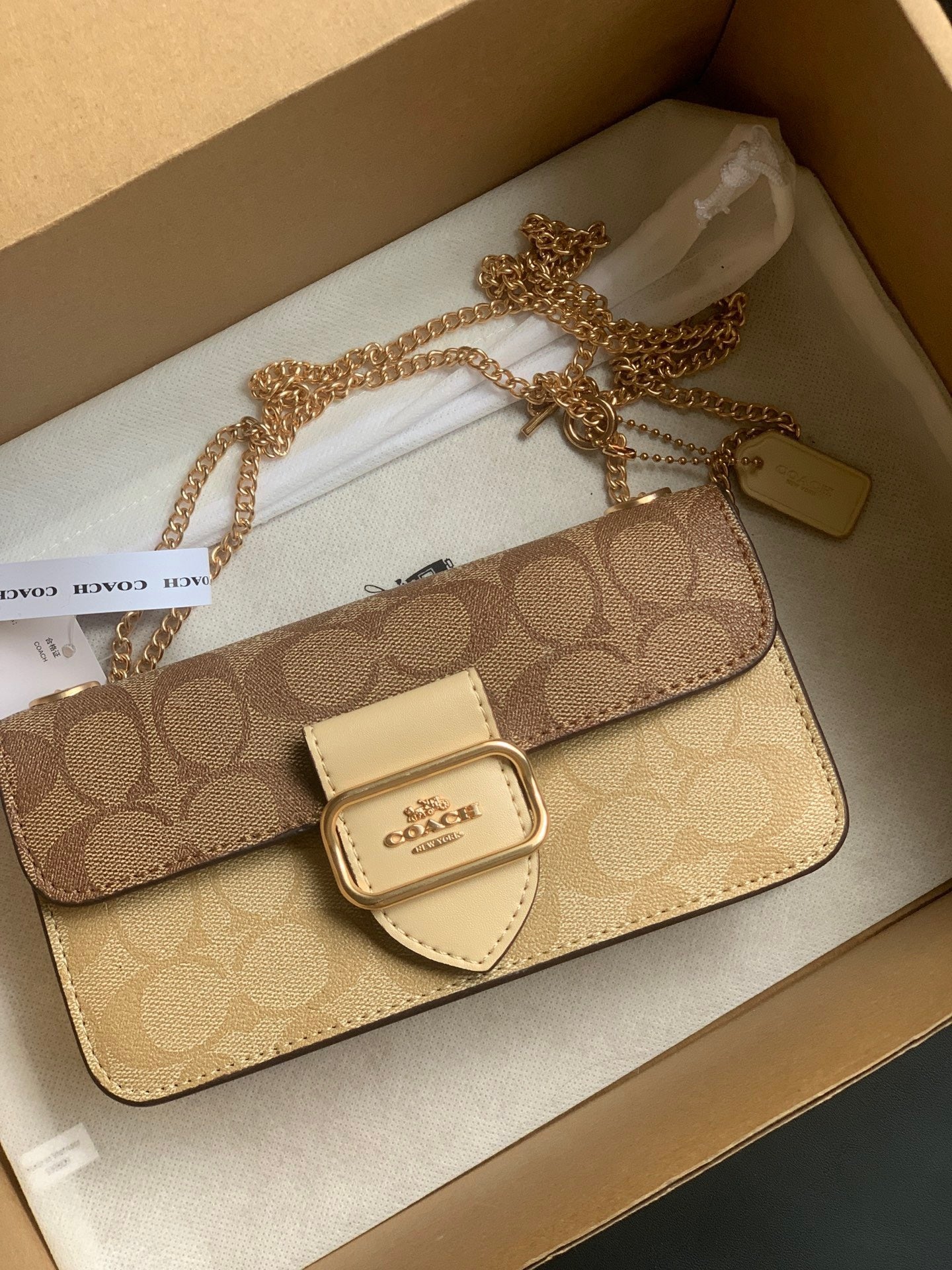 Coach Morgan Monogram Chain Crossbody Khaki Bege Ferragens Douradas