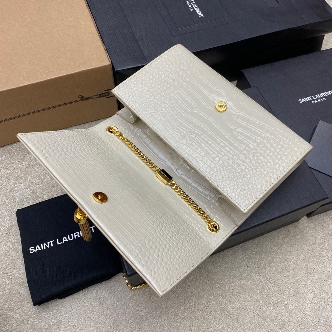 Saint Laurent Shoulder Bag Off-White Croc Ferragens Douradas