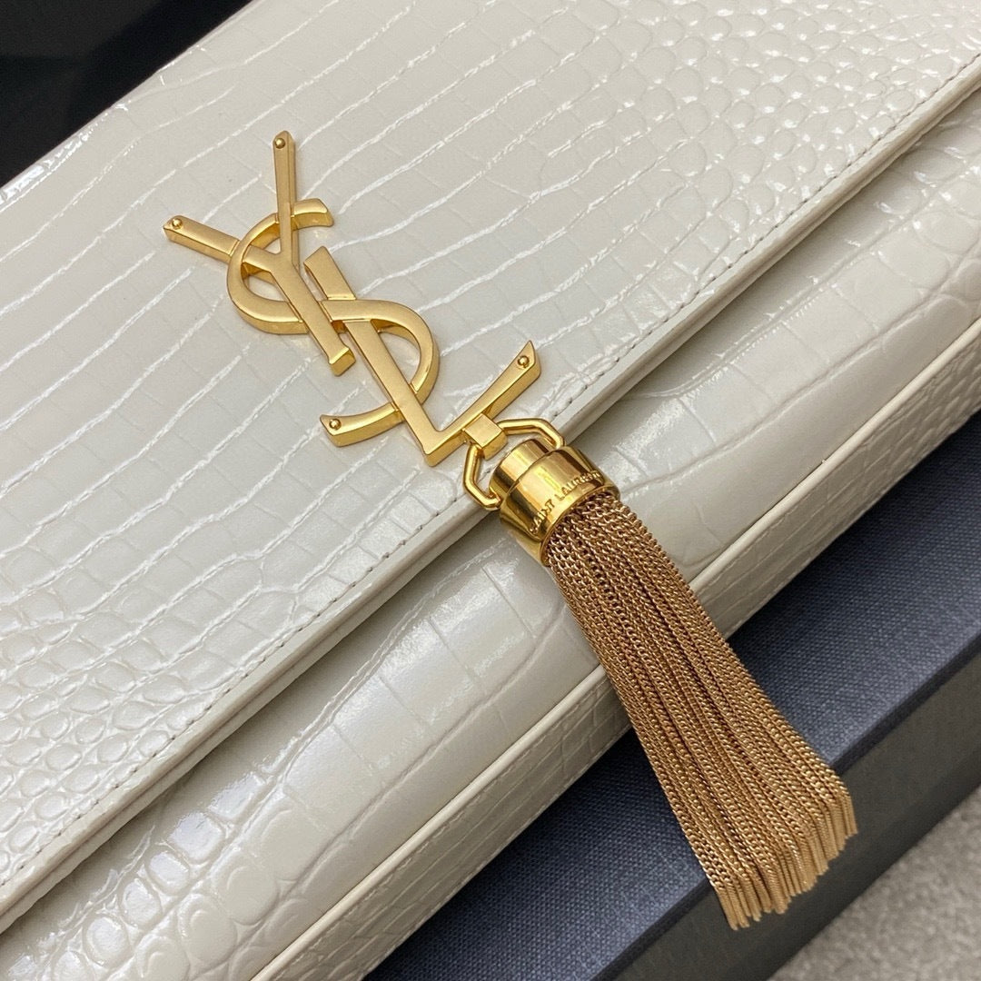 Saint Laurent Shoulder Bag Off-White Croc Ferragens Douradas