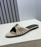 Saint Laurent Flat Slide Sandals Beige Gold