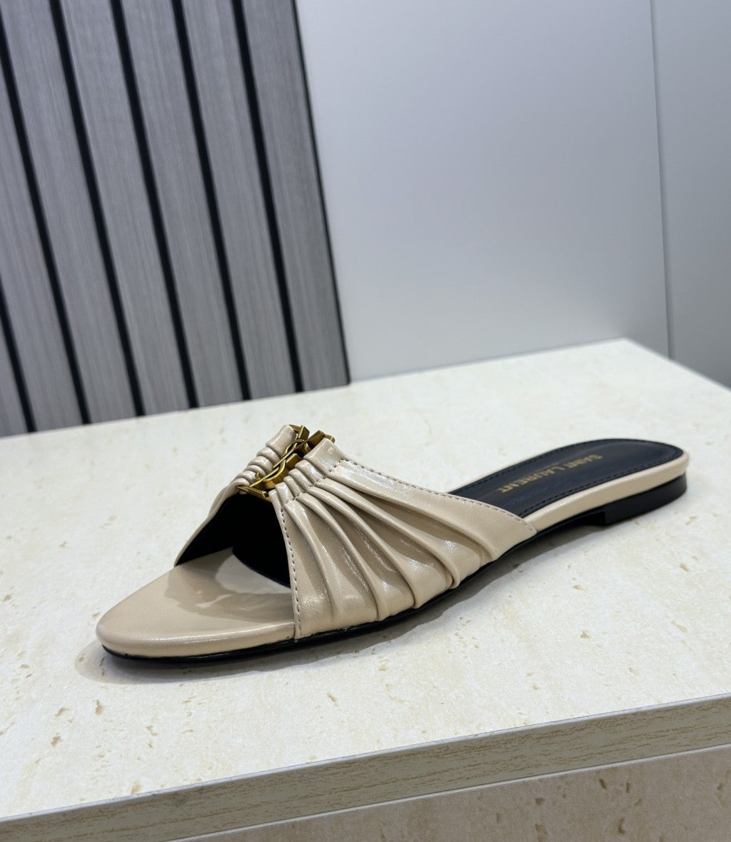 Saint Laurent Flat Slide Sandals Beige Gold