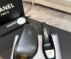 Chanel Slingback Heel Suede Black White Gold