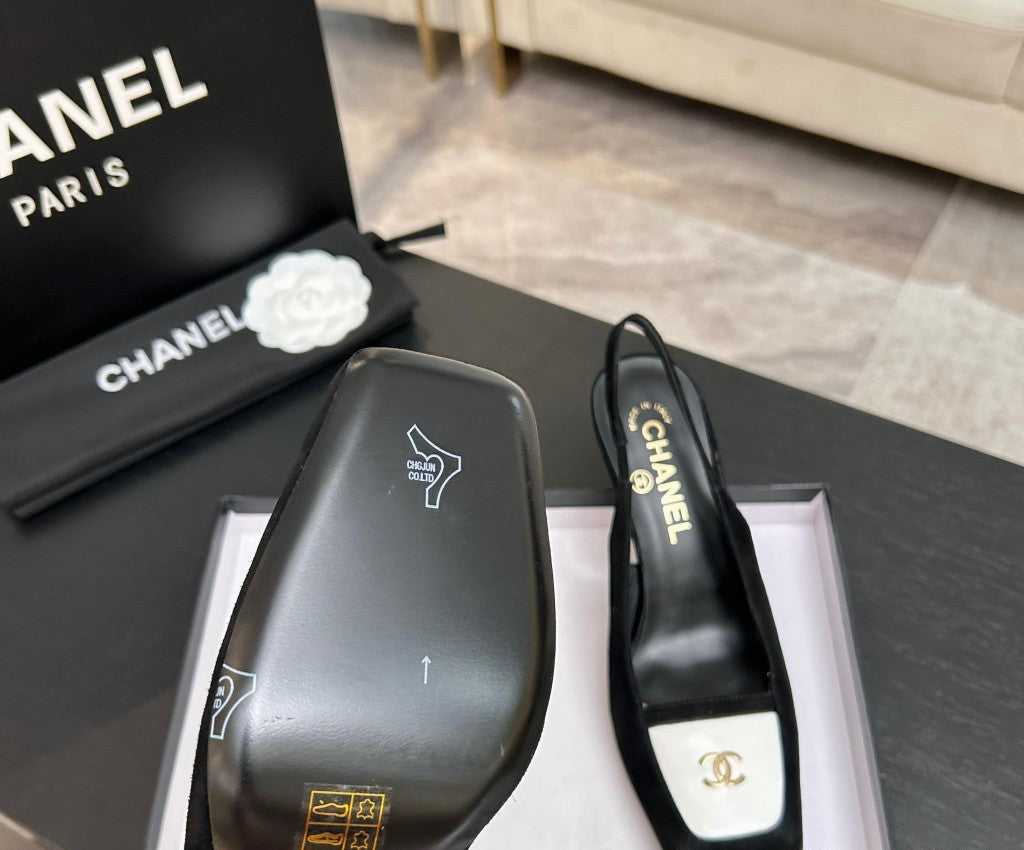 Chanel Slingback Heel Suede Black White Gold