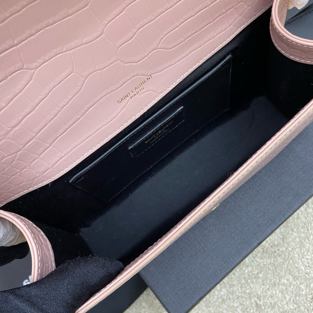 Saint Laurent Shoulder Bag Pink Blush Croc Ferragens Dourados