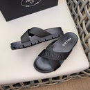 Prada Nylon Tape Crisscross Slides Black Leather