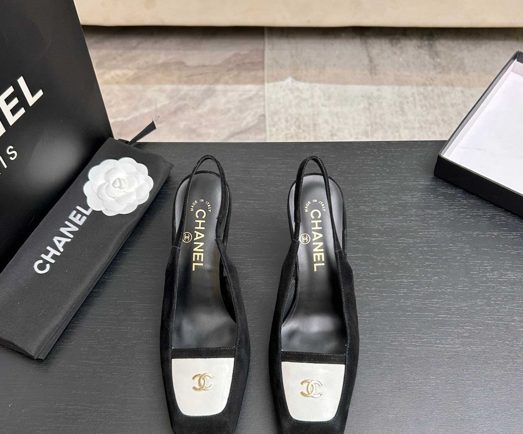 Chanel Slingback Heel Suede Black White Gold