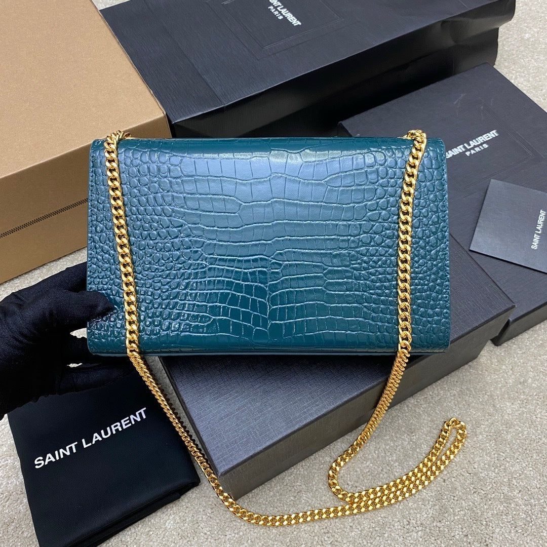 Saint Laurent Shoulder Bag Blue petróleo Croc Ferragens Douradas