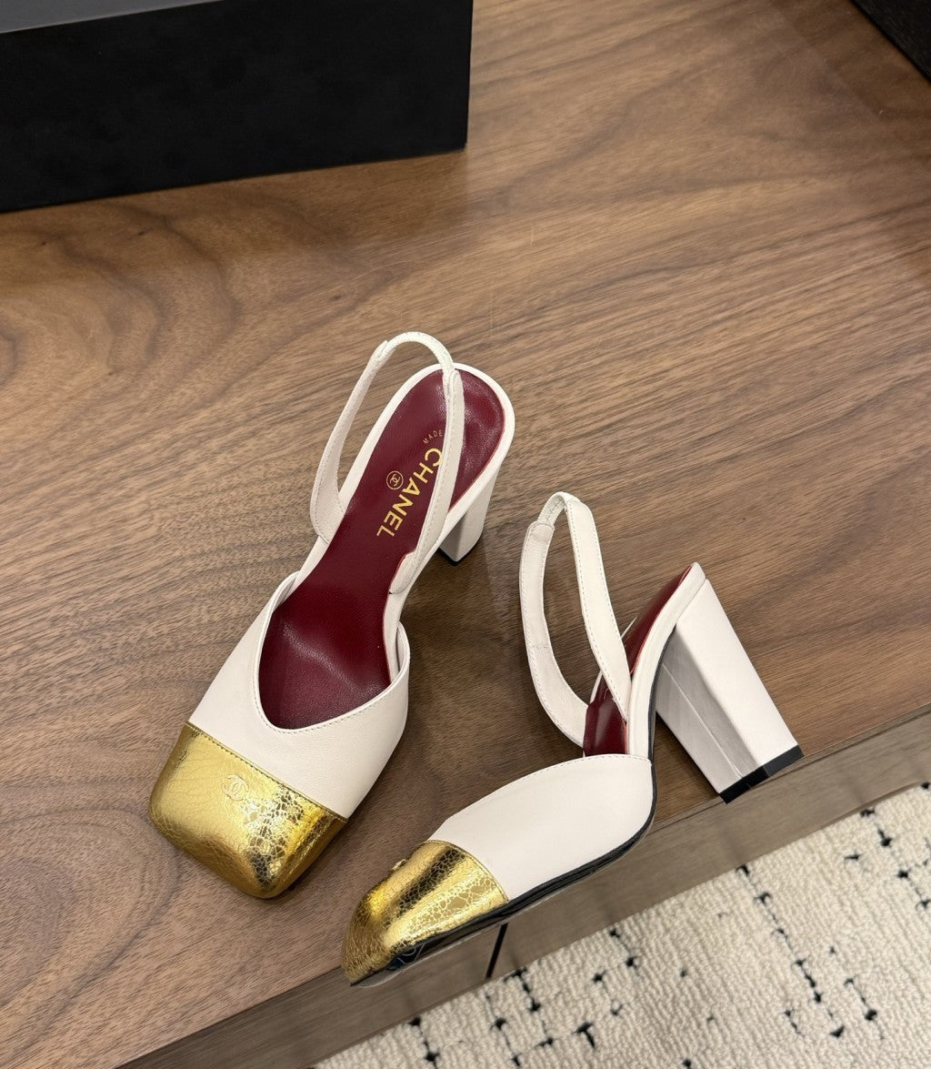 Chanel Slingback Block Heel  Off-White & Metallic  Patent. Salto 9 cm.
