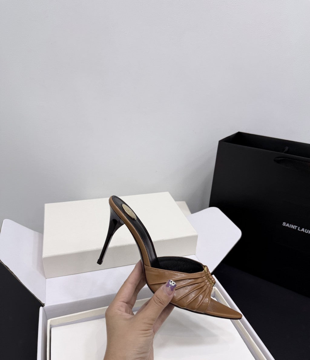 Saint Laurent Babylone Ruched Mules in Leather Camel