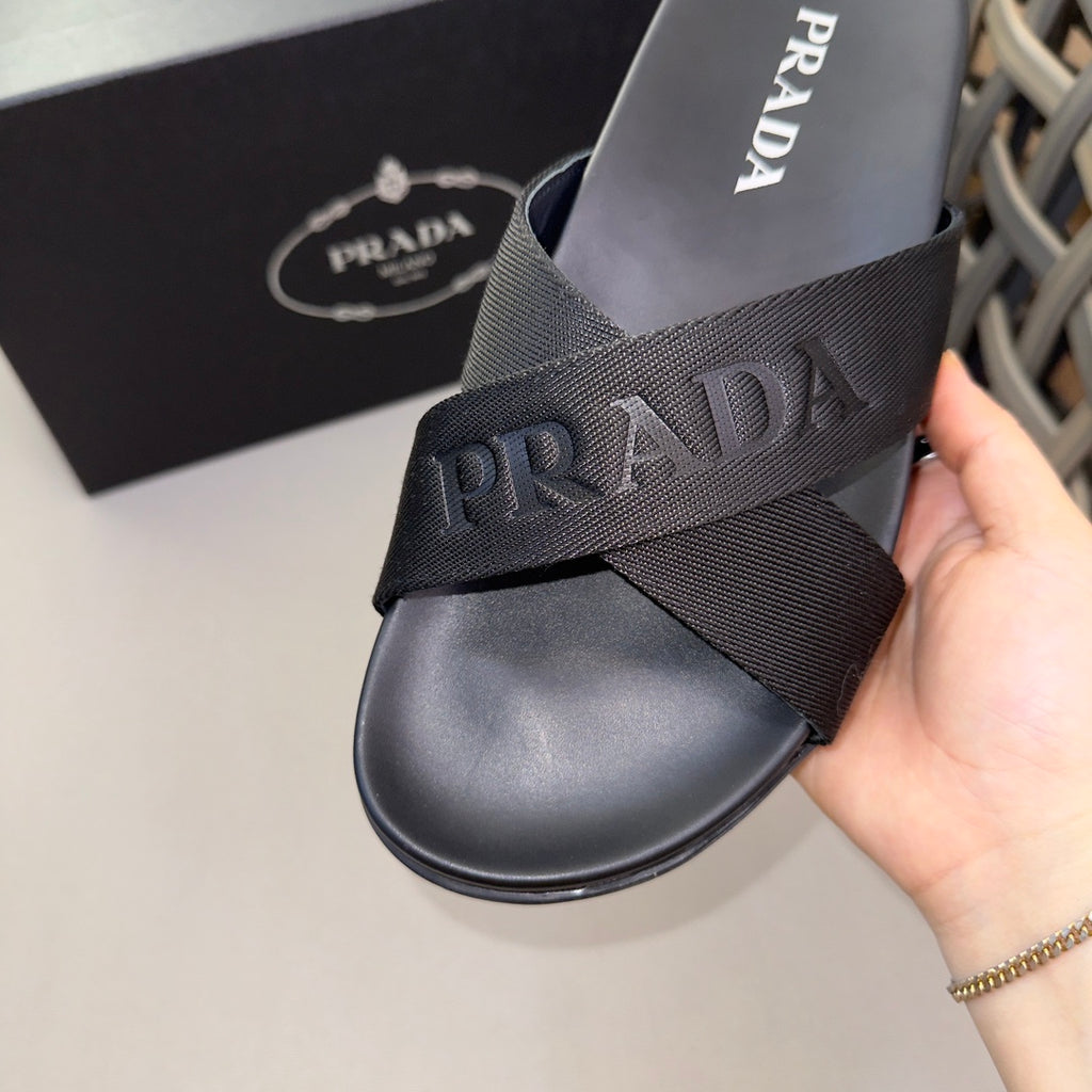 Prada Nylon Tape Crisscross Slides Black Leather ( Pronta entega )