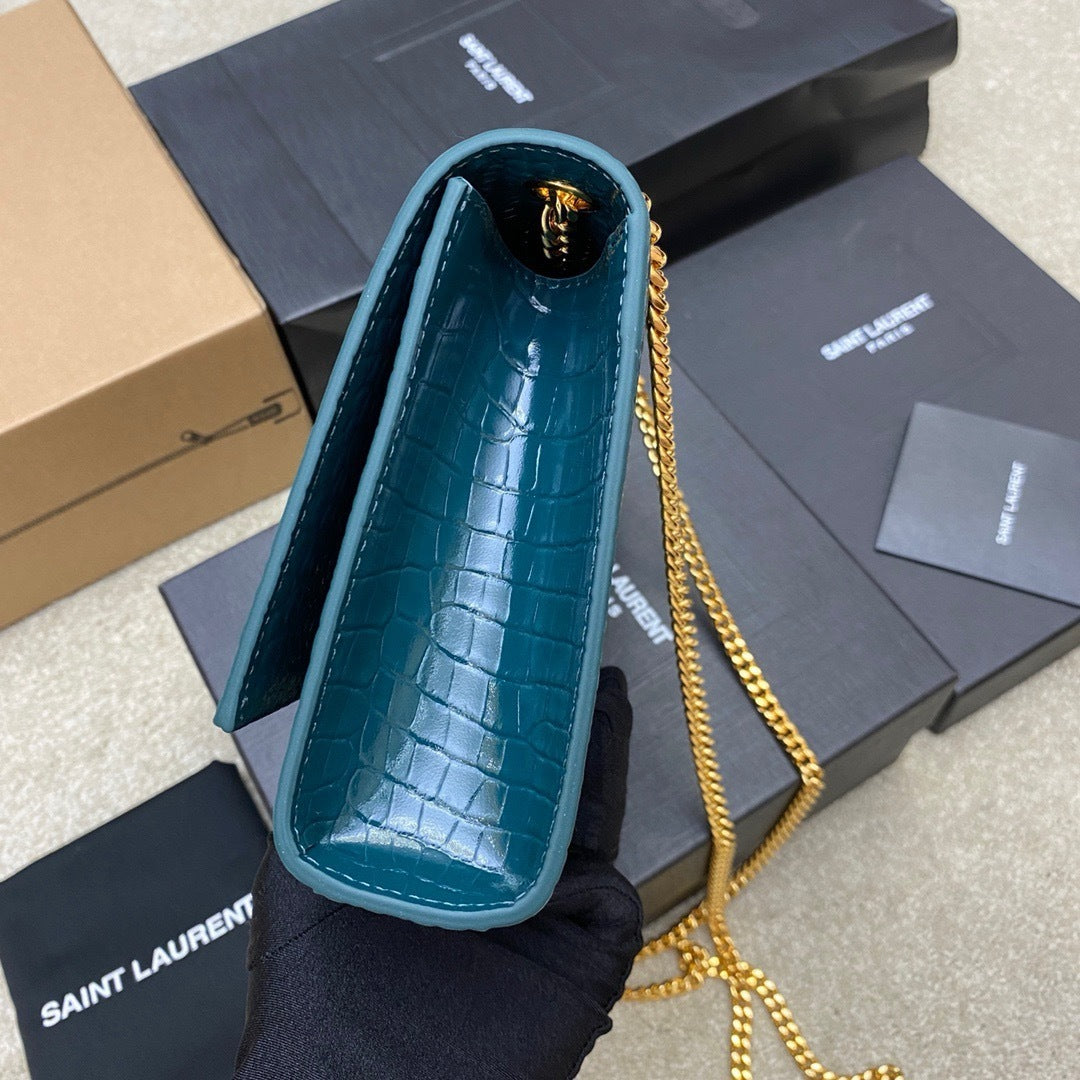 Saint Laurent Shoulder Bag Blue petróleo Croc Ferragens Douradas