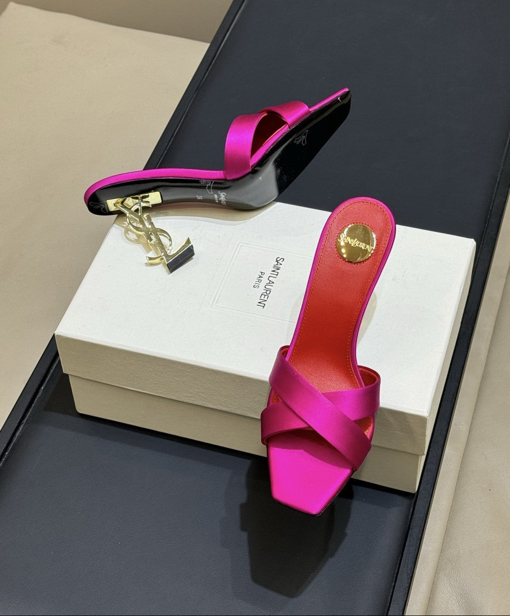 Saint Laurent  Mules Opyum Em Crepe De Cetim Rosa Choque