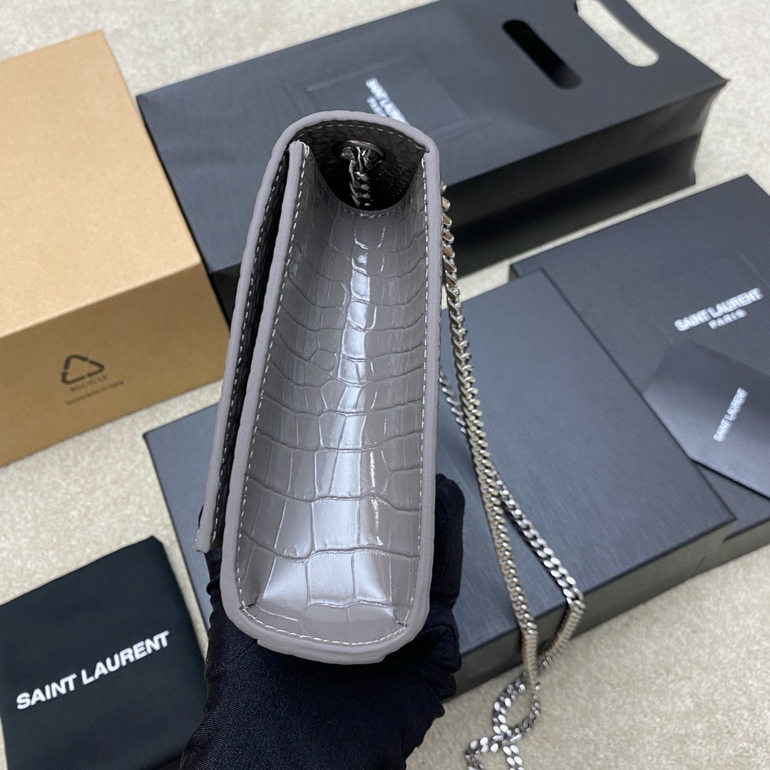 Saint Laurent Shoulder Bag Grafite Croc Ferragens Prata