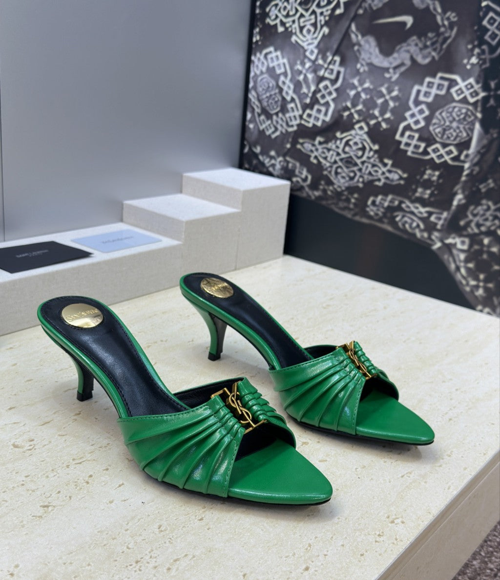 Saint Laurent Babylone Heeled Slide Sandals Green Gold