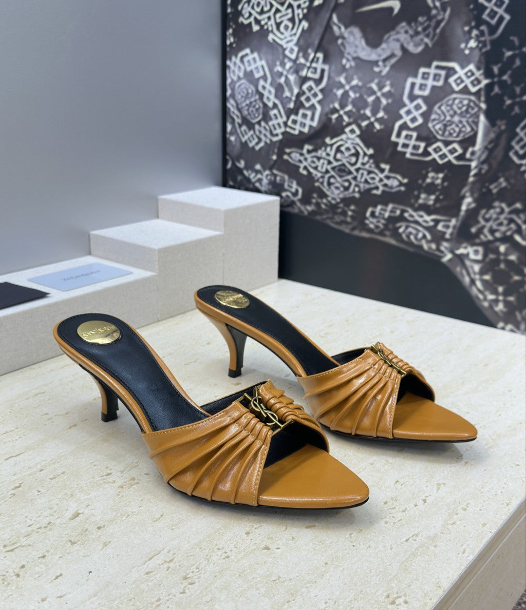 Saint Laurent Babylone Cassandra Draped Leather Mule Camel