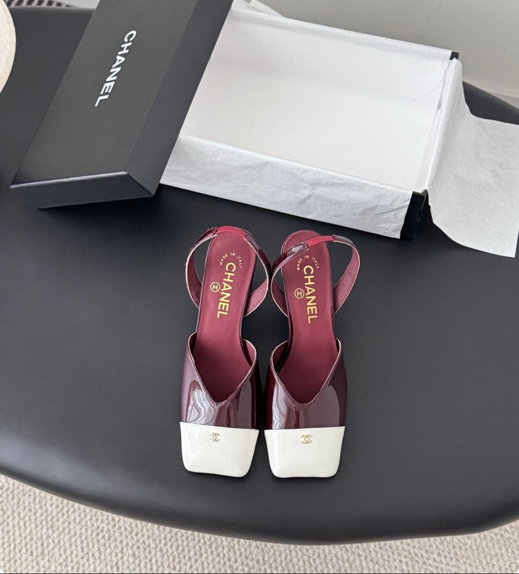 Chanel Slingback Block Heel  Burgundy & White  Patent. Salto 9 cm.