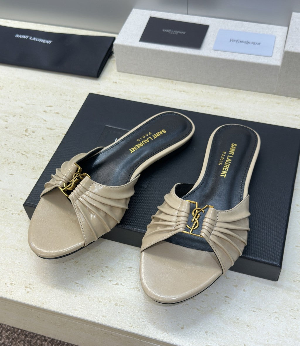 Saint Laurent Flat Slide Sandals Beige Gold