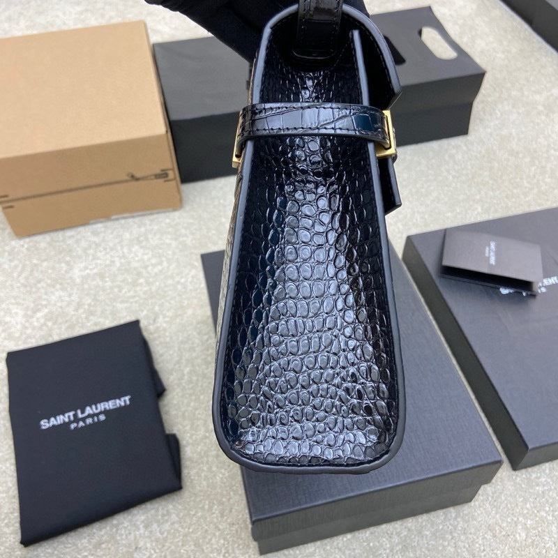 Saint Laurent Manhattan Small Shoulder Bag Croc Black Ferragens Douradas