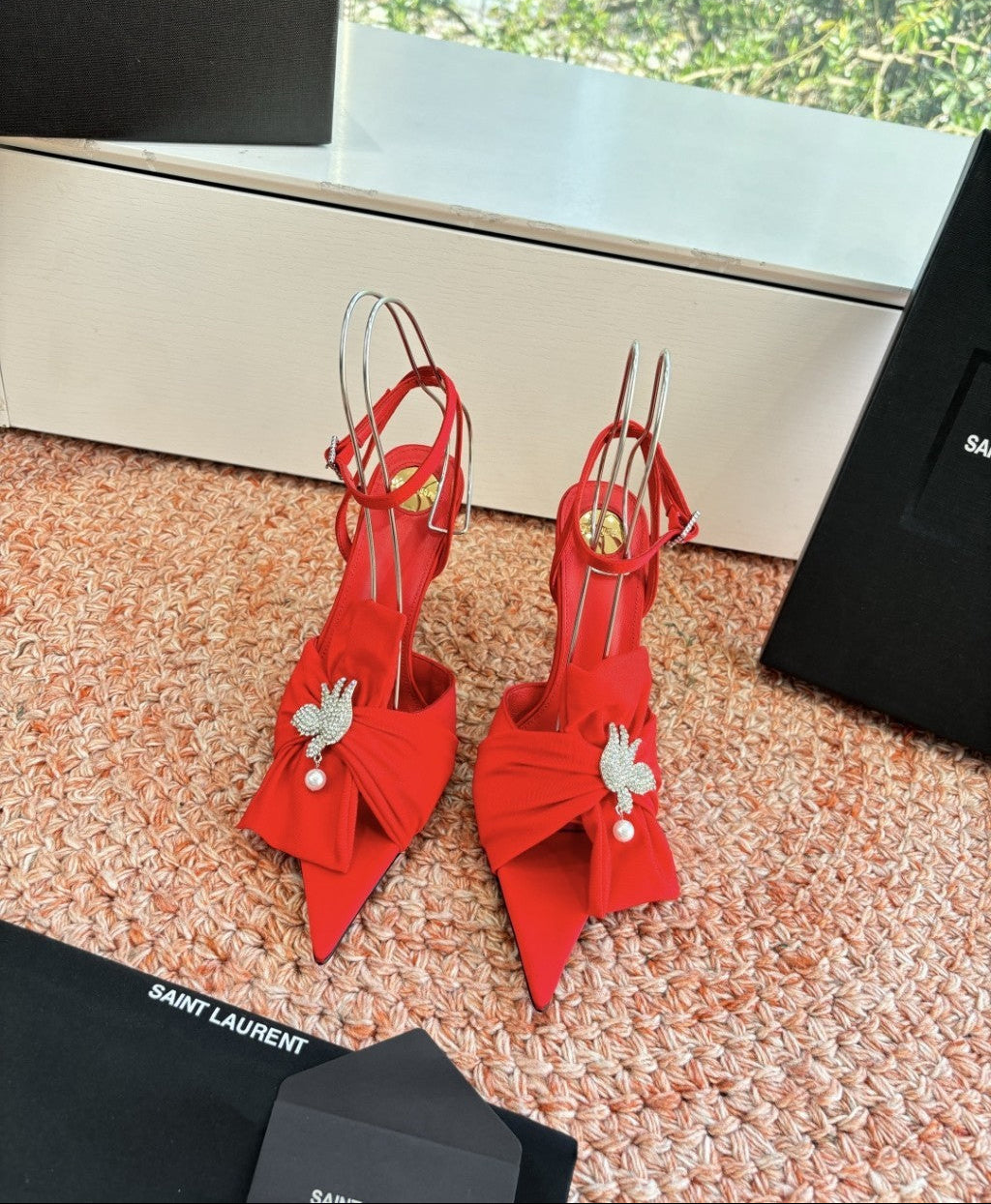 Saint Laurent Dove Sandals in Satin Crepe and Rhinestones Red