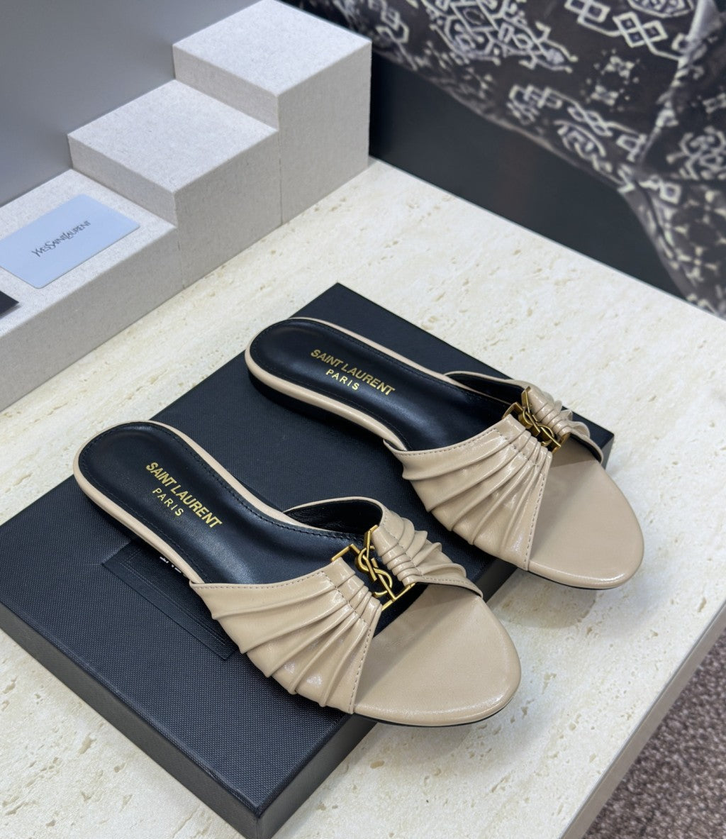 Saint Laurent Flat Slide Sandals Beige Gold