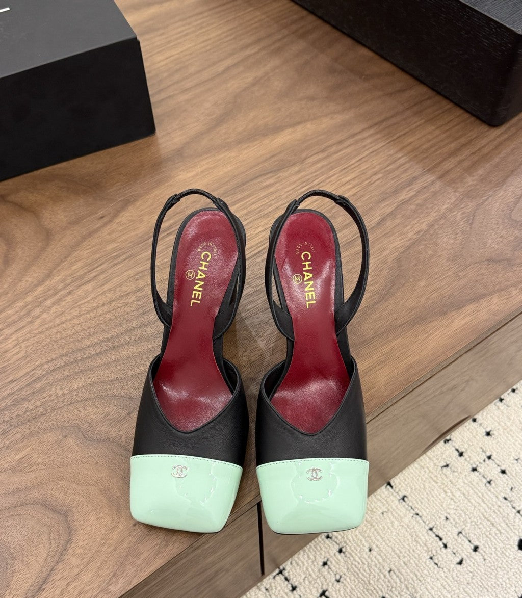 Chanel Slingback Block Heel  Black Mint & Green  Patent. Salto 9 cm.