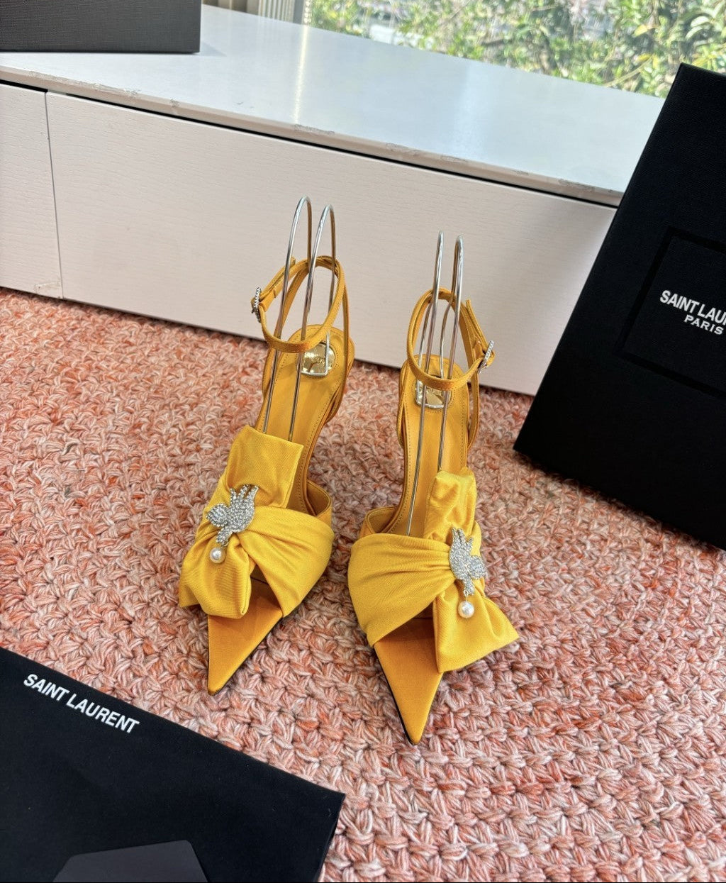 Saint Laurent Dove Sandals in Satin Crepe and Rhinestones Yellow