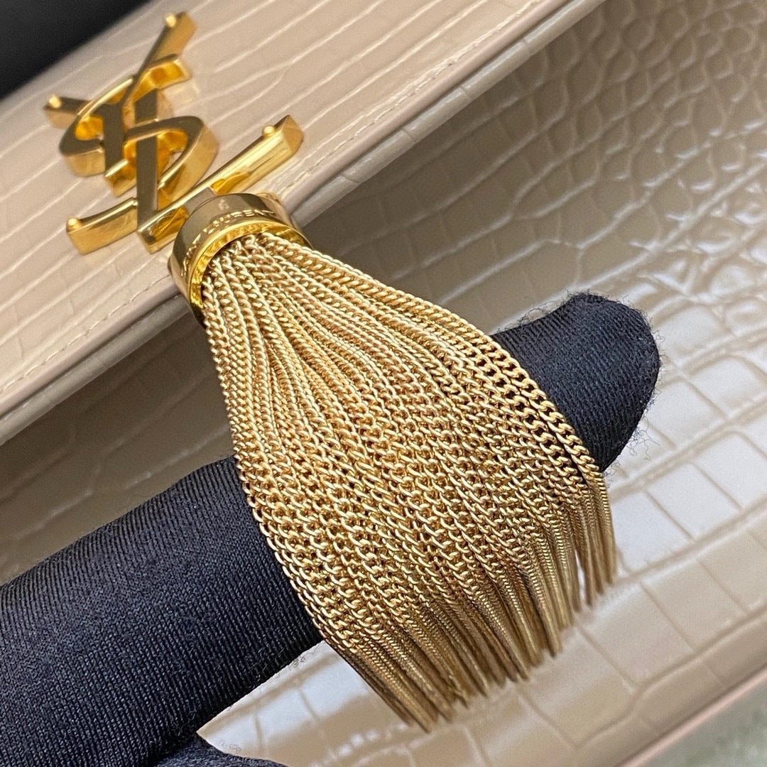 Saint Laurent Shoulder Bag Areia Dourada Croc Ferragens Douradas