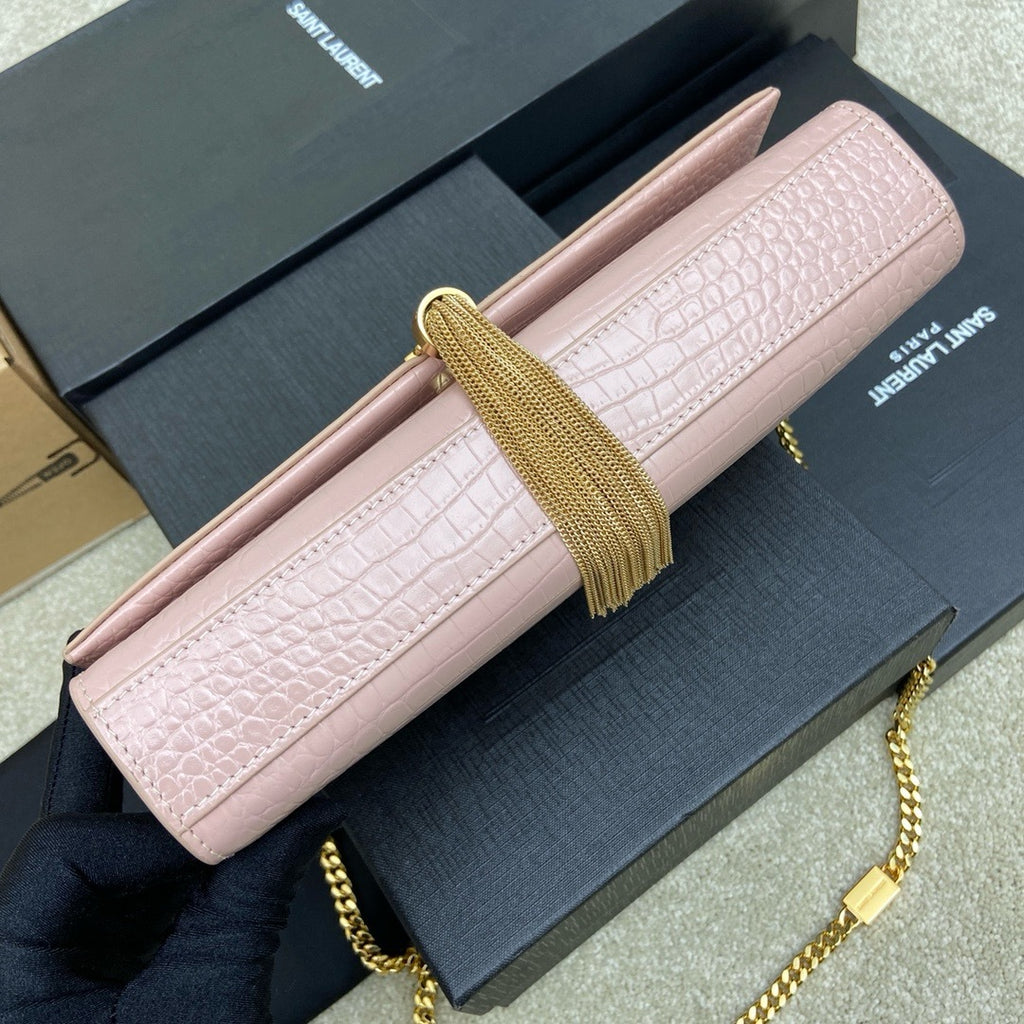 Saint Laurent Shoulder Bag Pink Blush Croc Ferragens Dourados