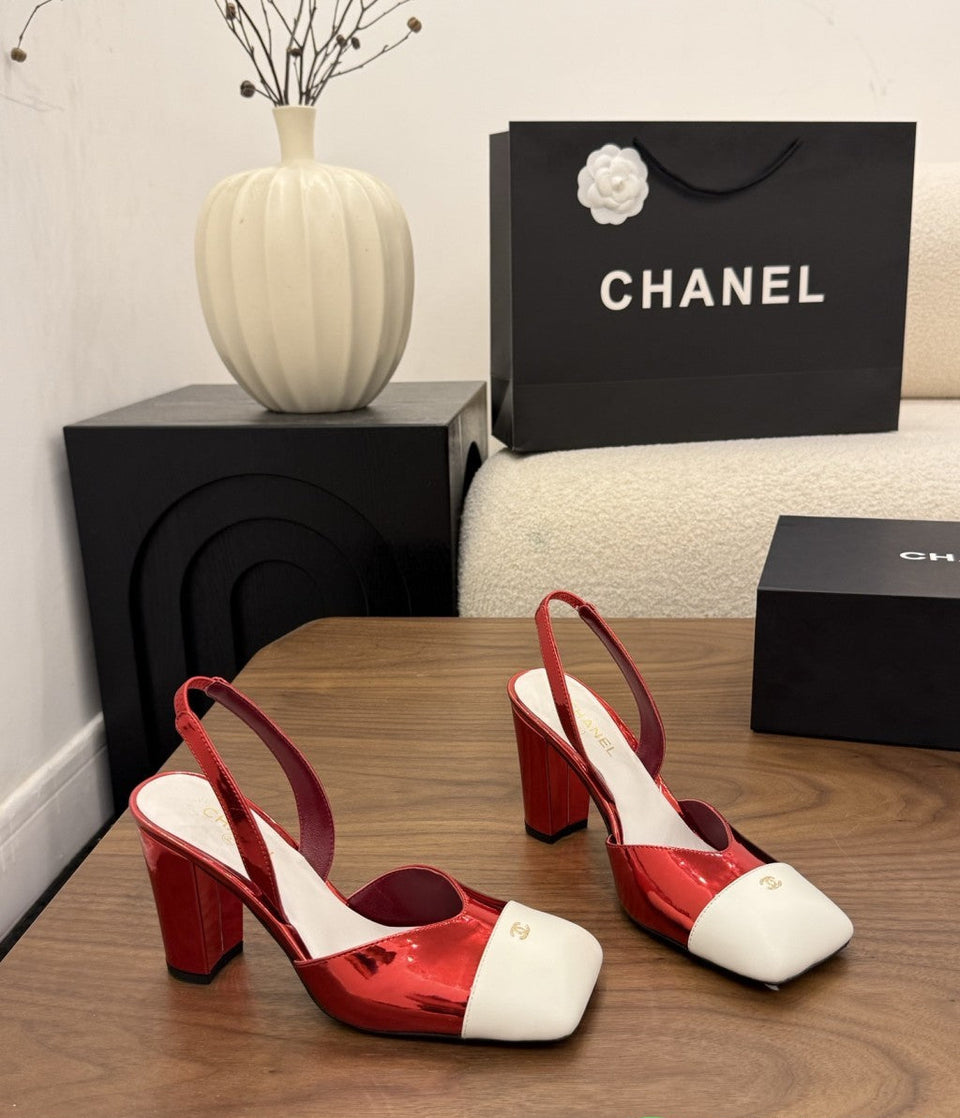 Chanel Slingback Block Heel  Metallic Red & White  Patent. Salto 9 cm.