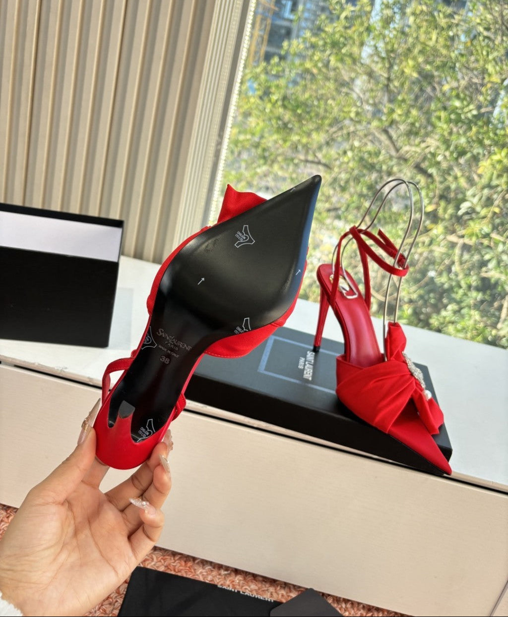 Saint Laurent Dove Sandals in Satin Crepe and Rhinestones Red