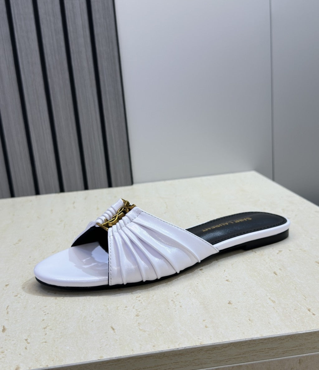 Saint Laurent Flat Slide Sandals White Gold