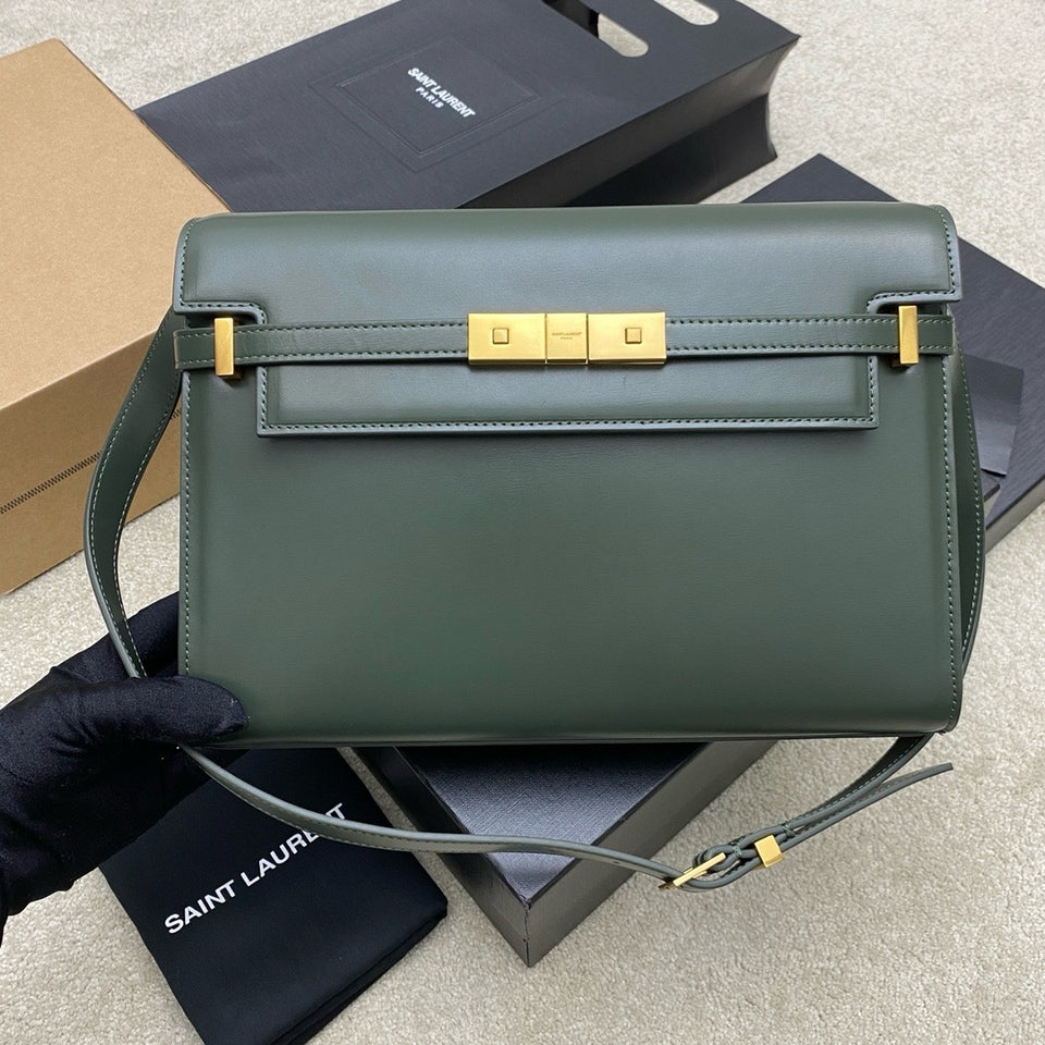 Saint Laurent Manhattan Small Shoulder Bag Verde Oliva Ferragens Douradas