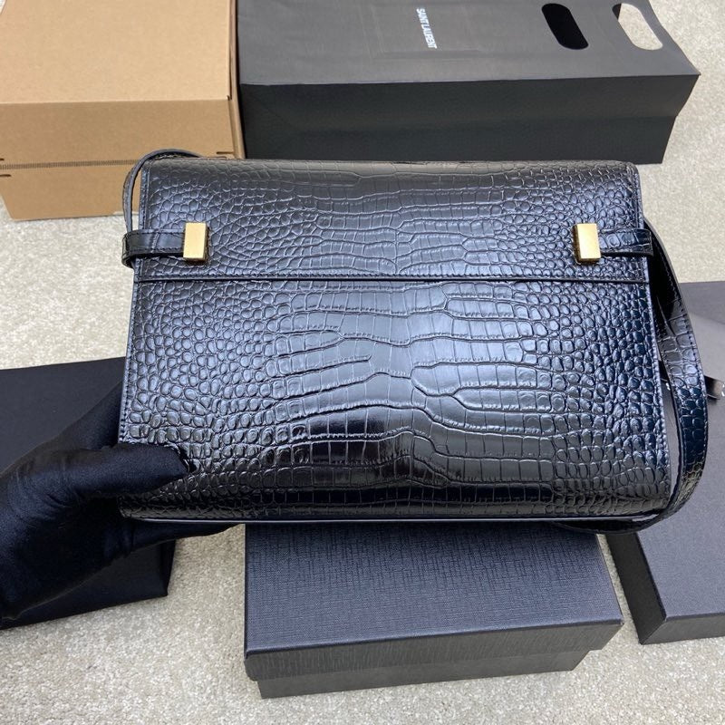 Saint Laurent Manhattan Small Shoulder Bag Croc Black Ferragens Douradas