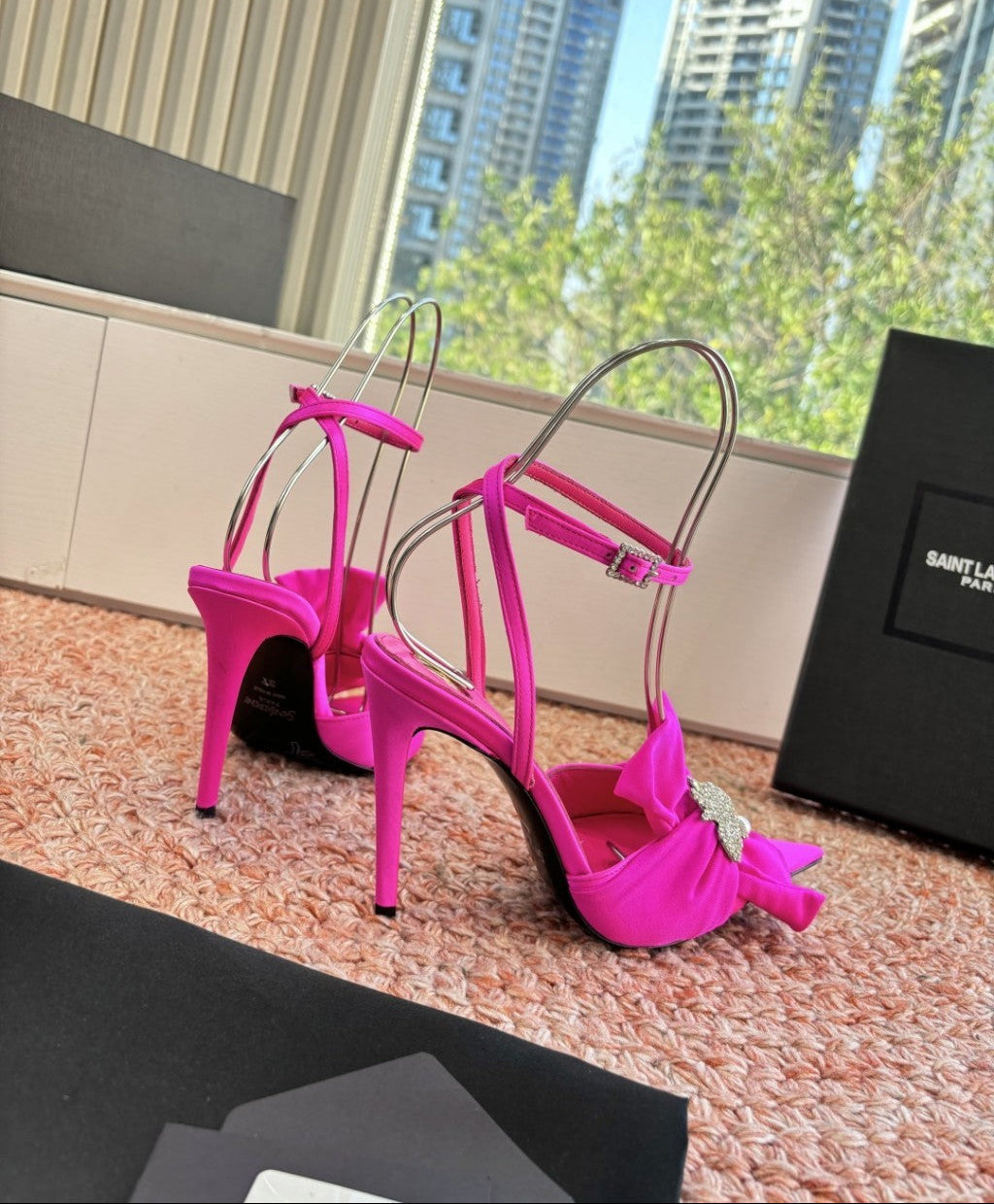 Saint Laurent Dove Sandals in Satin Crepe and Rhinestones Pink