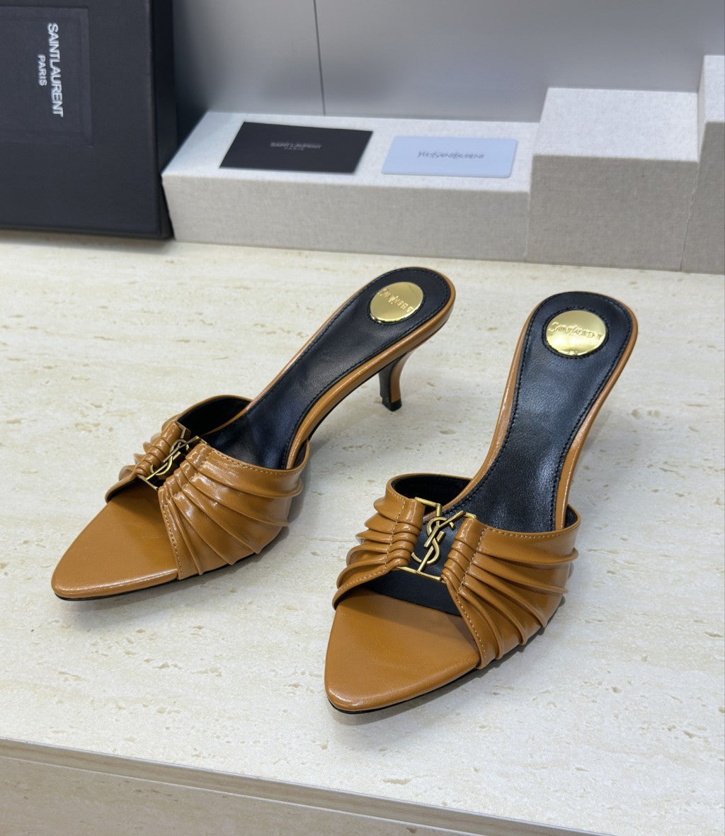 Saint Laurent Babylone Cassandra Draped Leather Mule Camel