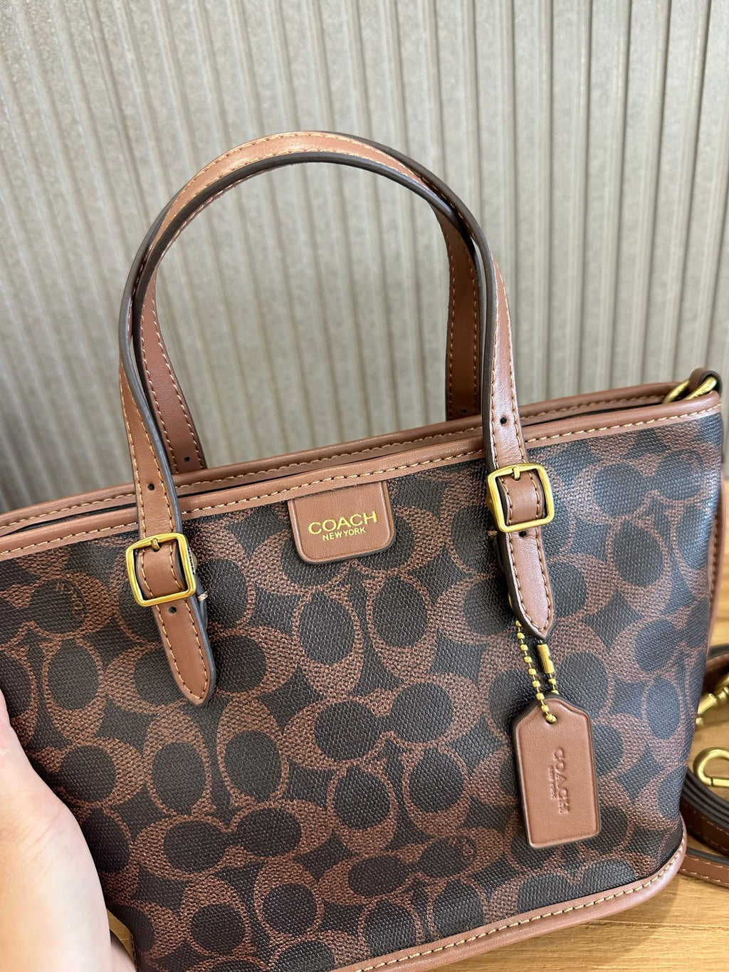 Coach Taxi Tote 21 Signature Brown Ferragens Douradas