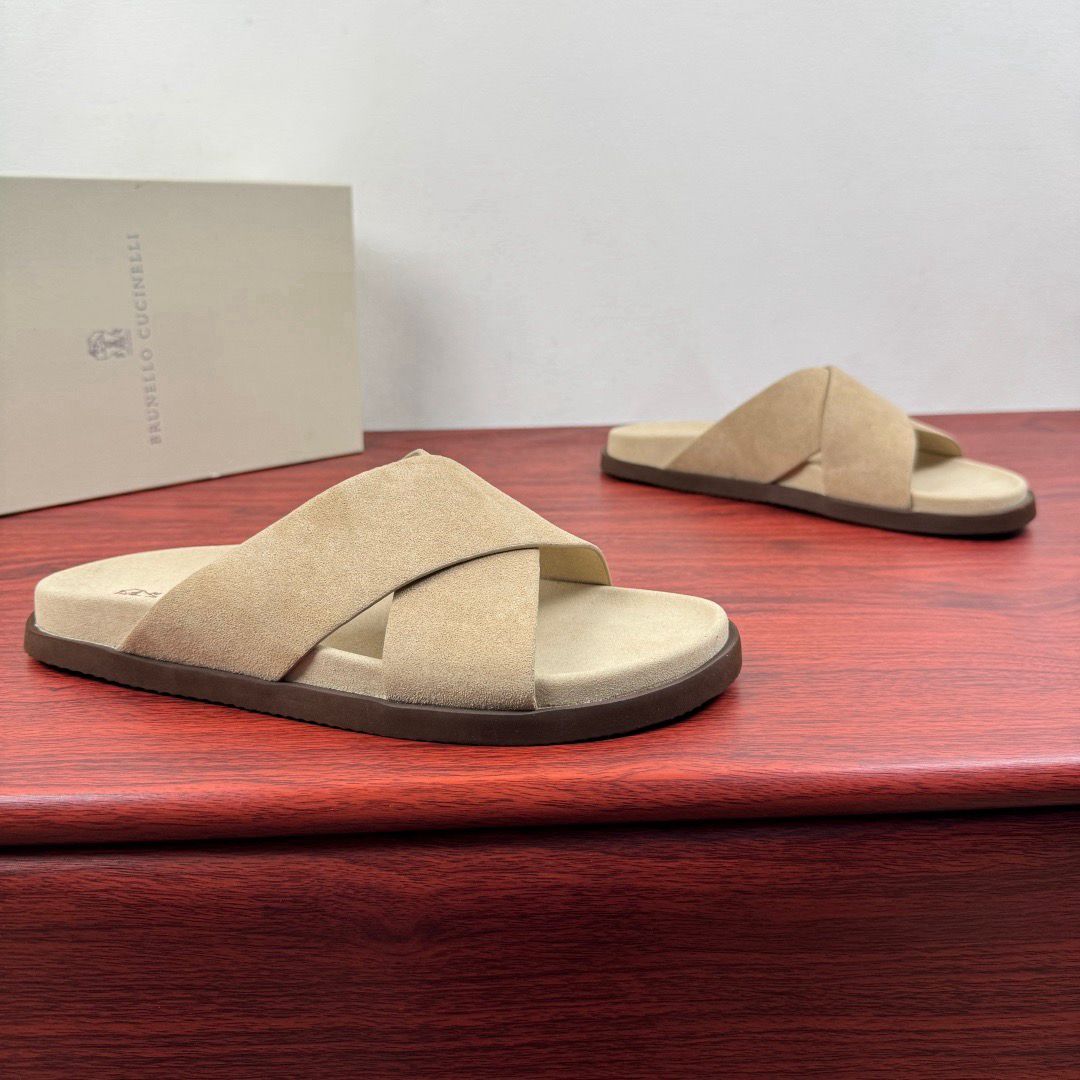 Brunello Cucinelli Slide De Camurça Com Tiras Cruzadas